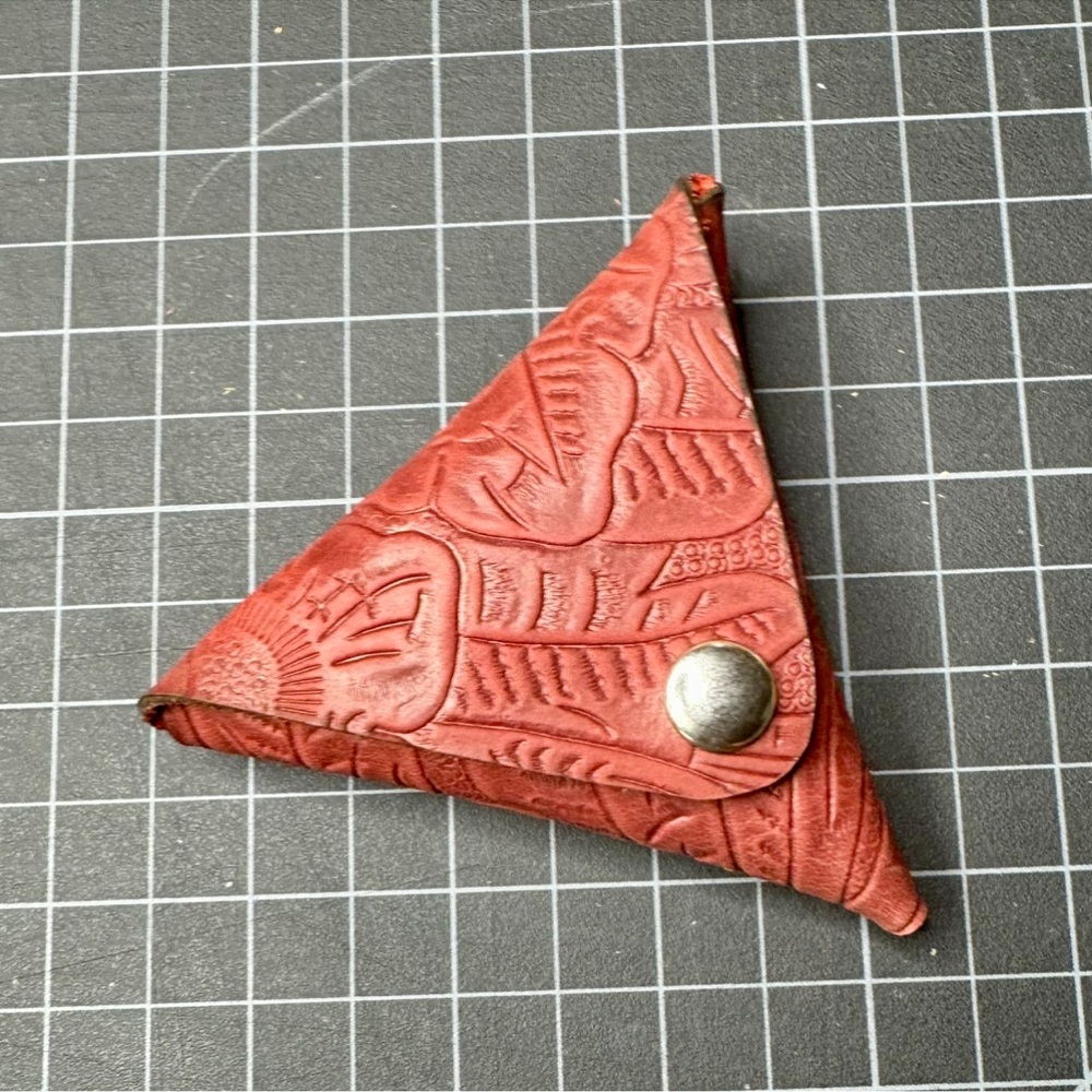 Limited run leather triangle coin pouch 3.75” red floral embossed
